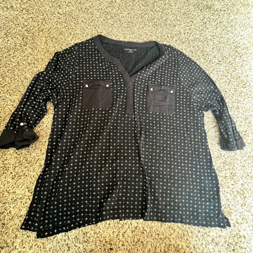 Croft & Barrow Black White Tunic Top Plus Size 2X Roll‎ Tab Sleeve
